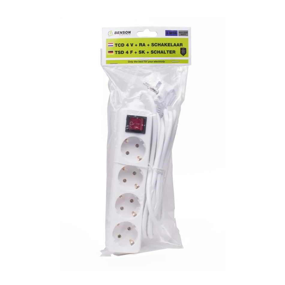 Benson Electric Stekkerdoos 4-voudig + RA + schakelaar 3.0 mtr