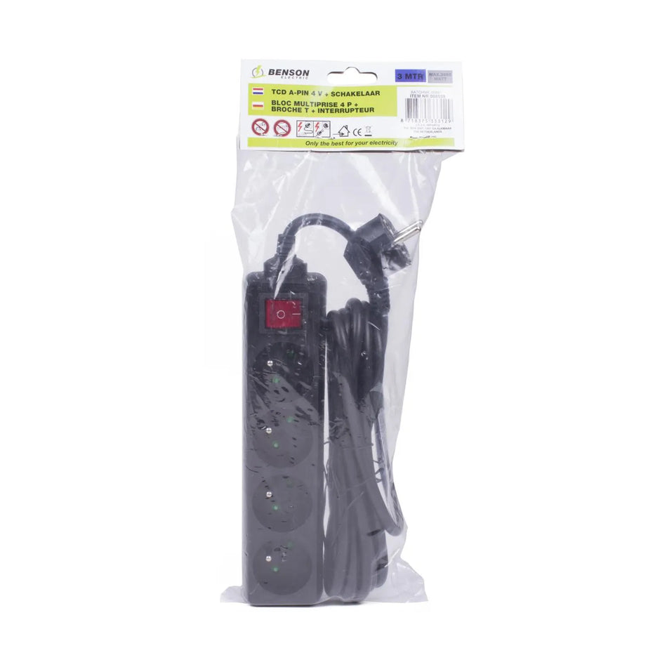 Benson Electric Stekkerdoos type E 4-voudig + schakelaar 3.0 mtr zwart
