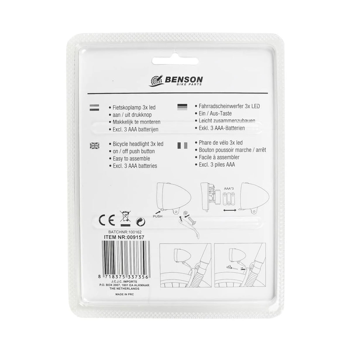 Benson Bike Parts Fietskoplamp 3 LED zwart