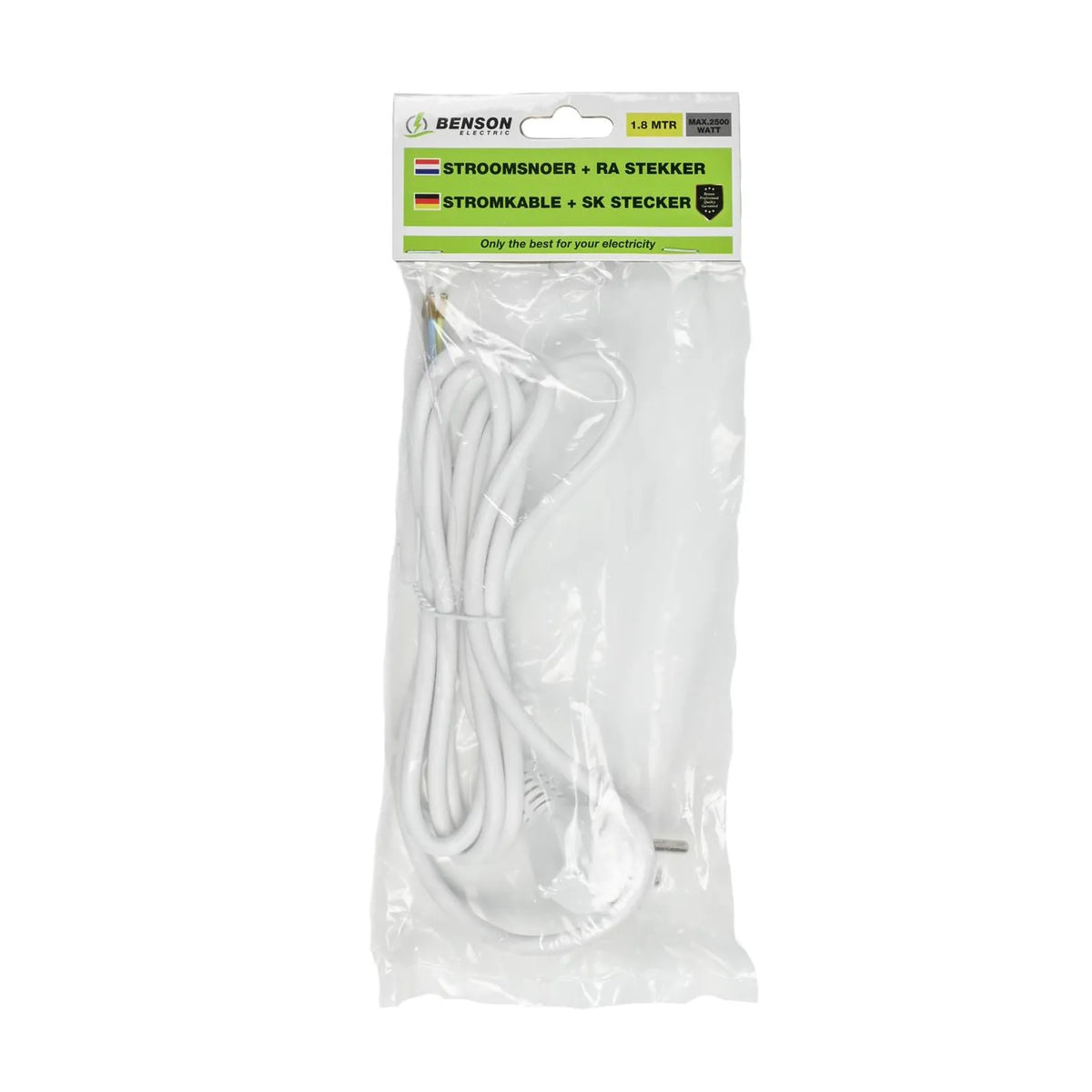 Benson Electric Aansluitsnoer + ra stekker 1.8 mtr wit