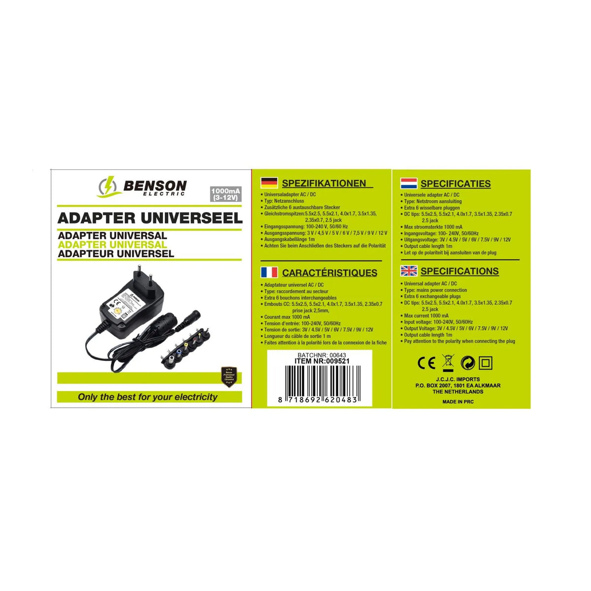Benson Electric Adapter universeel 1000 mA