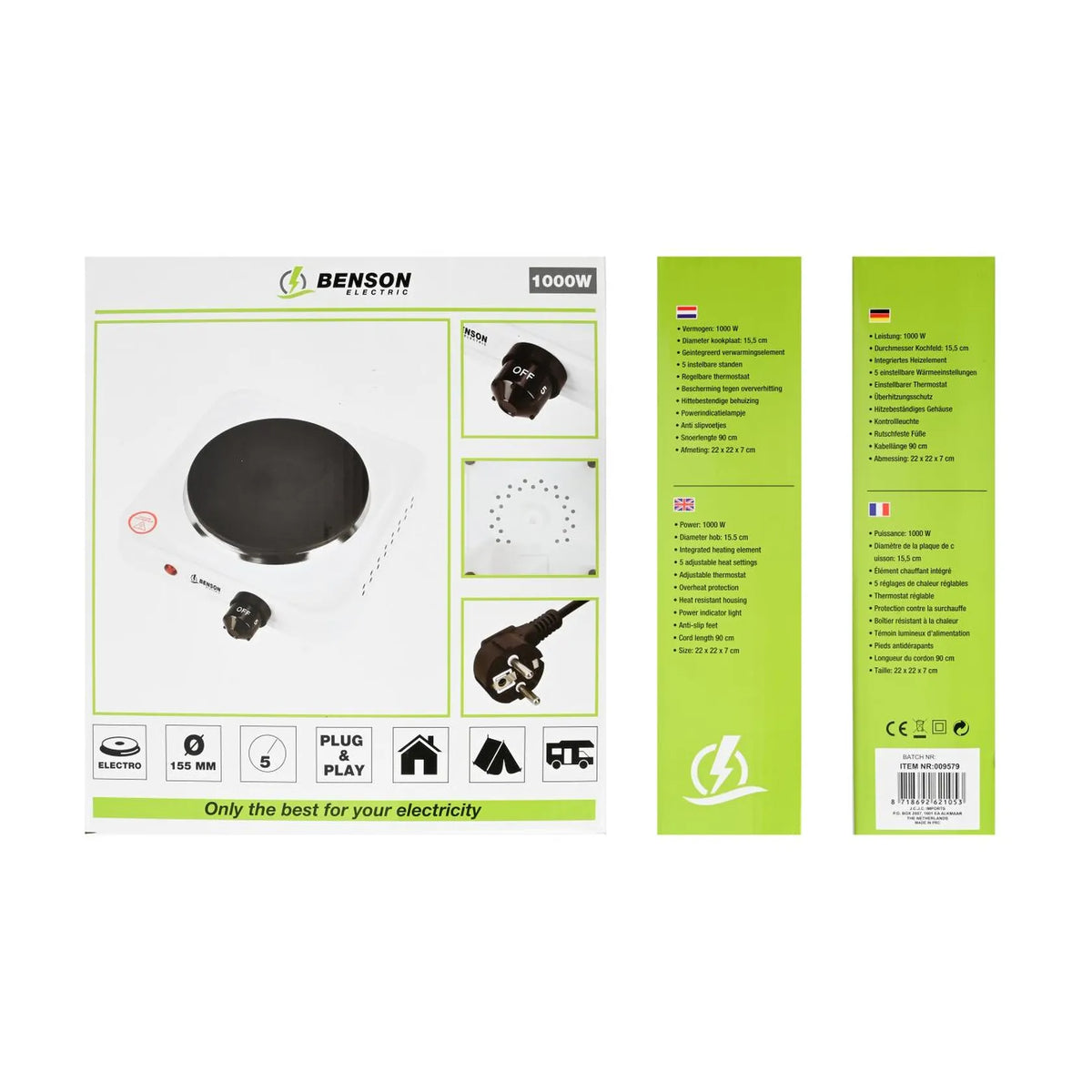 Benson Electric Kookplaat enkel wit 1000W