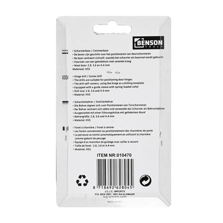 Benson Tools Boorset voor scharnier 3 dlg
