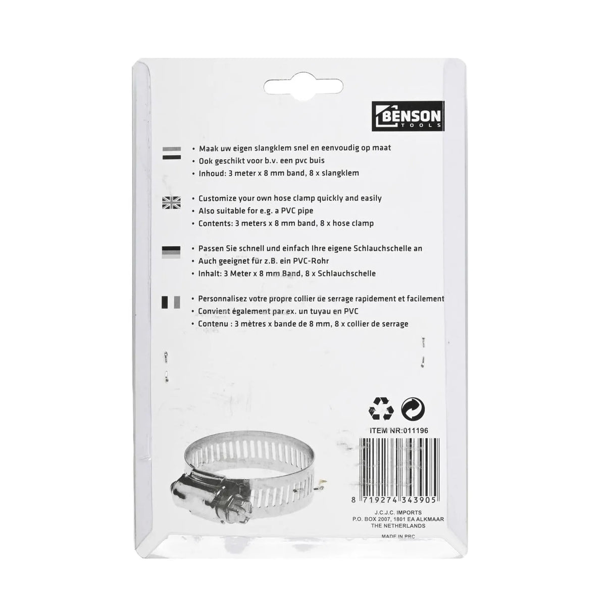 Benson Tools Slangklemmen set universeel 8 mm x 3 mtr 9 dlg