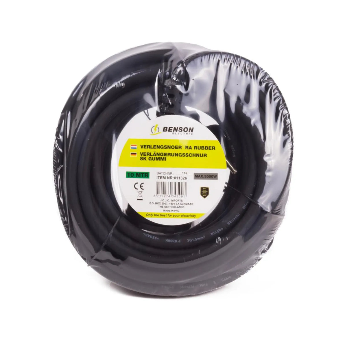 Benson Electric Verlengsnoer + RA 3X1.5 10 mtr rubber