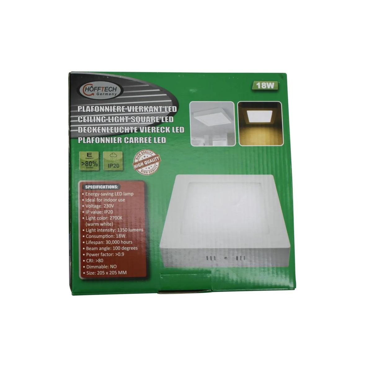 Höfftech LED plafonnière vierkant 18W 205 x 205 mm