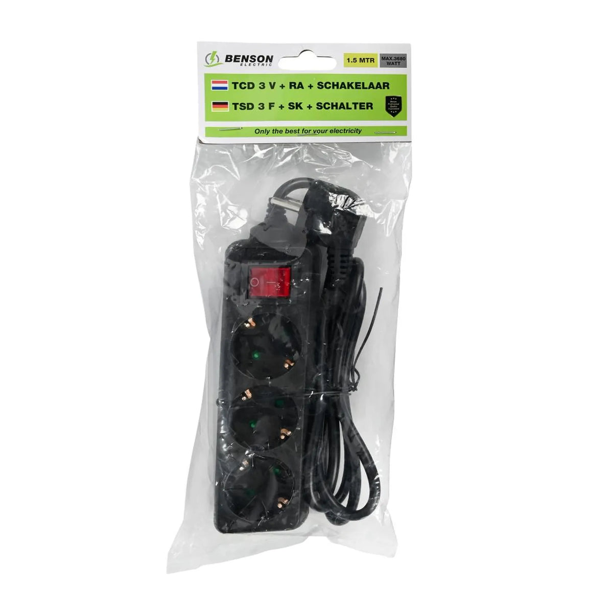Benson Electric Stekkerdoos 3-voudig + RA + schakelaar 1.5 mtr zwart