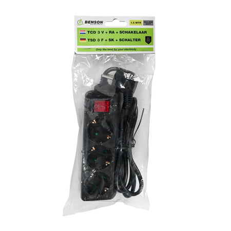 Benson Electric Stekkerdoos 3-voudig + RA + schakelaar 1.5 mtr zwart
