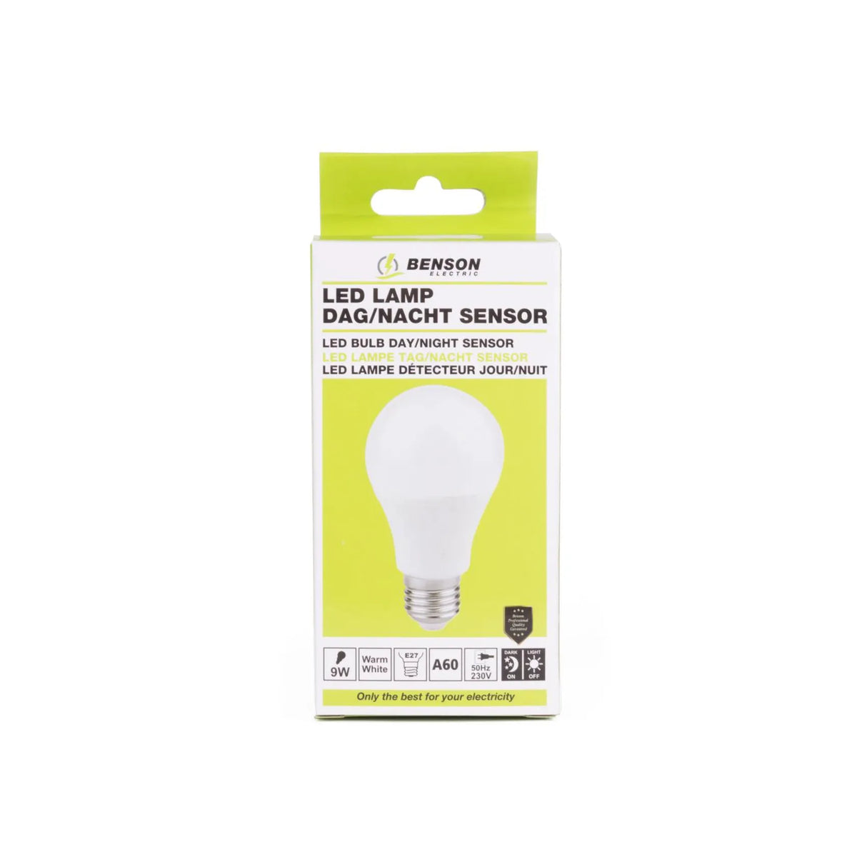 Benson Electric LED lamp E27 A60 9W + dag/nacht sensor warm wit