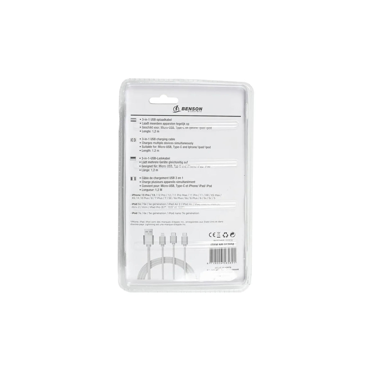 Benson Electric USB kabel universeel 3-in-1 iphone/mini-USB/USB-C