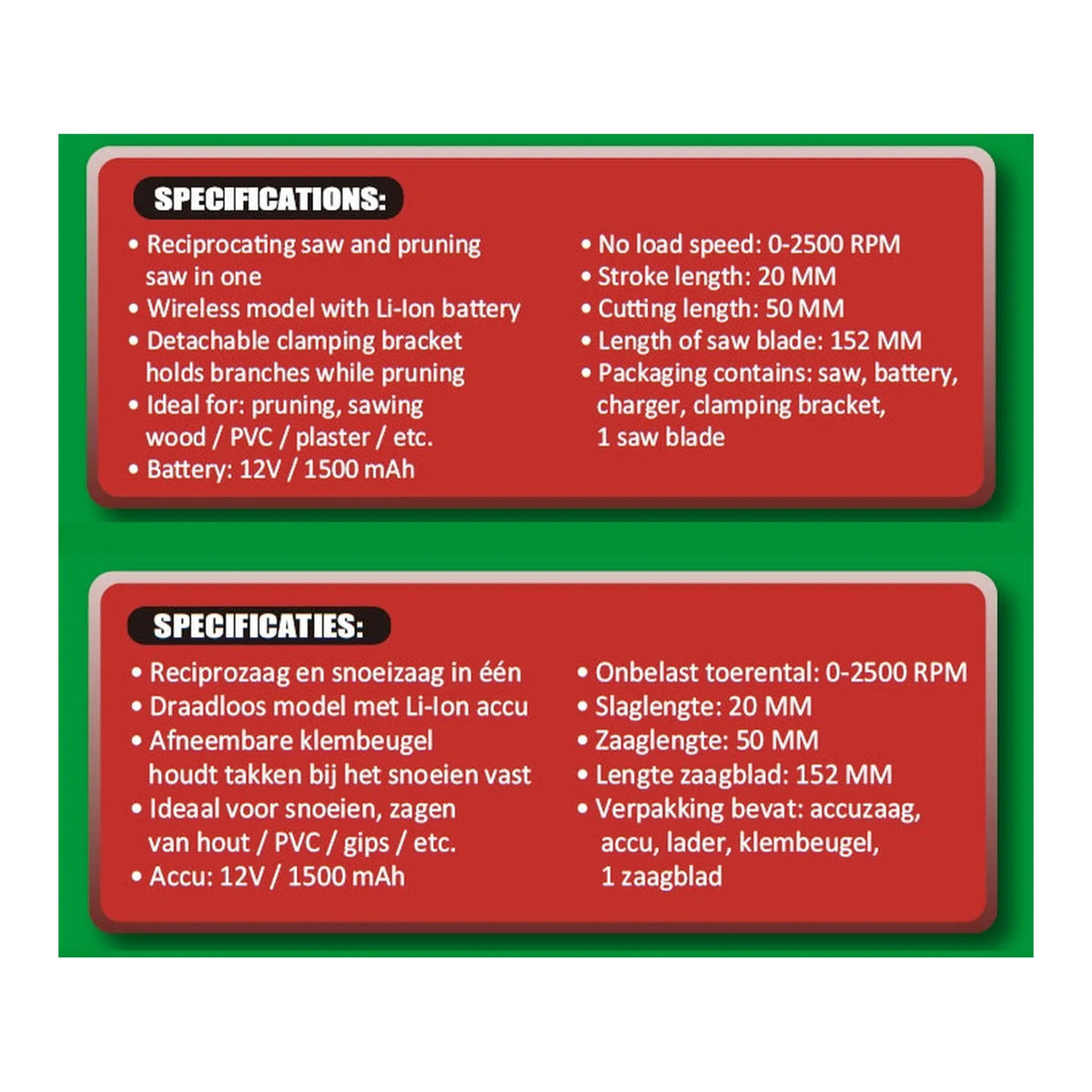 Höfftech Accu recipro-snoeizaag 12V 1500 mAh li-ion