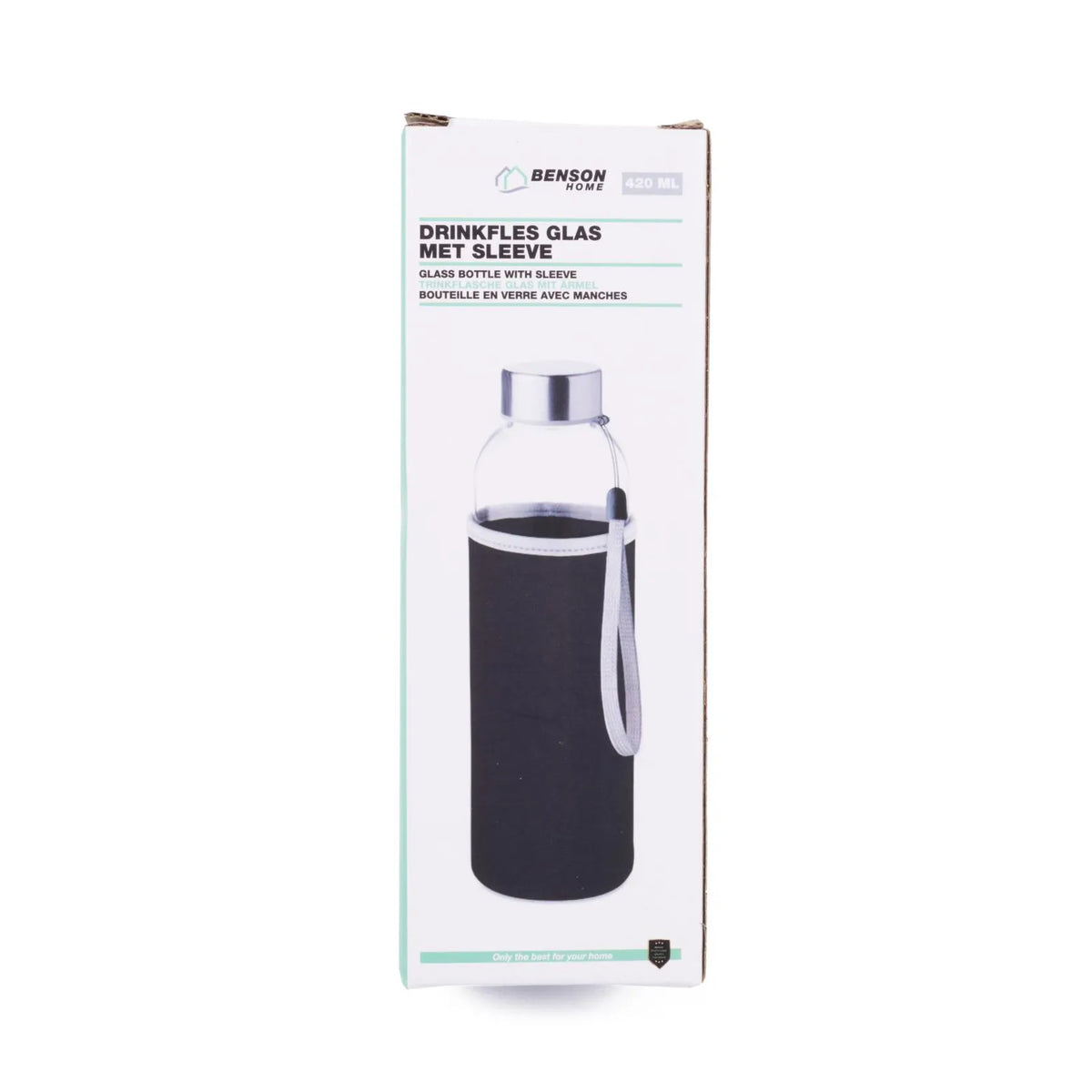 Benson Drinkfles glas 420 ml met zwarte hoes