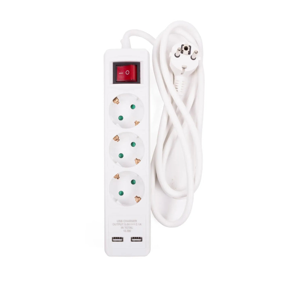Benson Electric Stekkerdoos 3-voudig + RA 3X1.5 + schakelaar + 2 x USB + 1.5 mtr