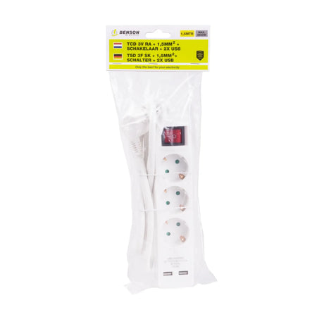 Benson Electric Stekkerdoos 3-voudig + RA 3X1.5 + schakelaar + 2 x USB + 1.5 mtr