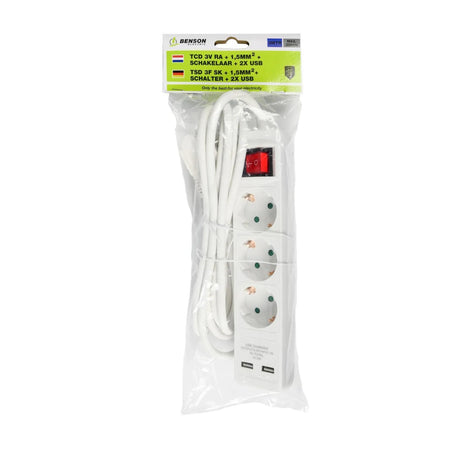 Benson Electric Stekkerdoos 3-voudig + RA 3X1.5 + schakelaar + 2 x USB + 3 mtr