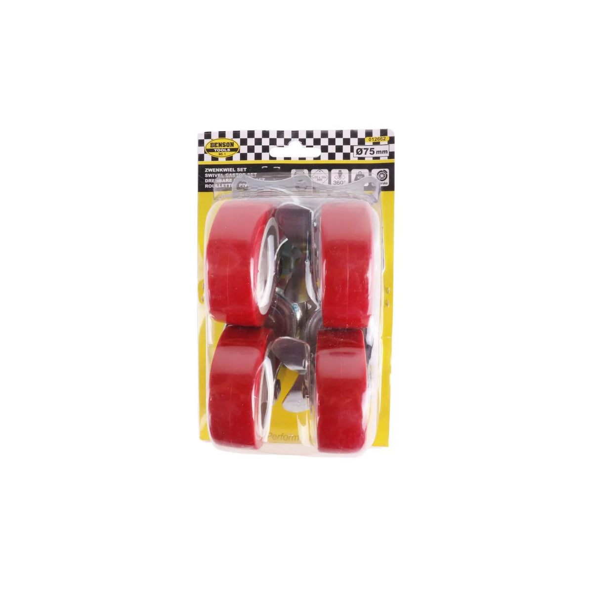 Benson Tools Zwenkwiel set 75 mm rood 4 dlg waarvan 2x met rem