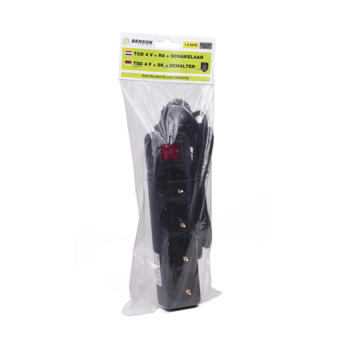 Benson Electric Stekkerdoos 4-voudig + RA + schakelaar 1.5 mtr zwart