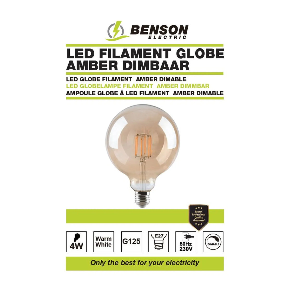 Benson Electric LED lamp globe filament G125 4W E27 amber dimbaar