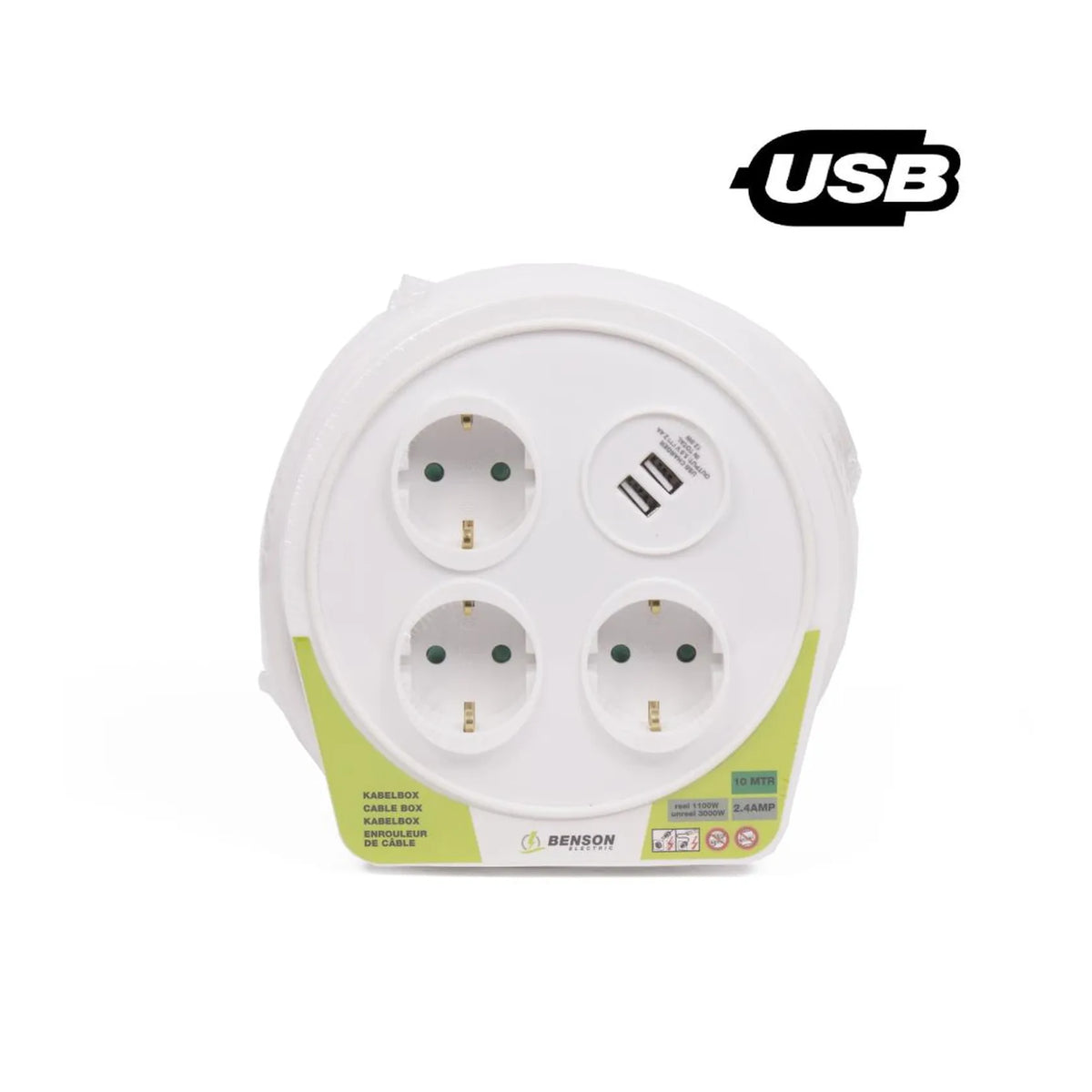Benson Electric Kabelbox 10 mtr 3 voudig + 2 USB 2.4a