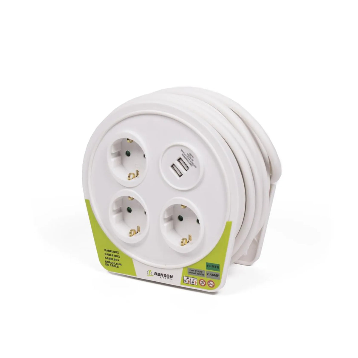 Benson Electric Kabelbox 10 mtr 3 voudig + 2 USB 2.4a