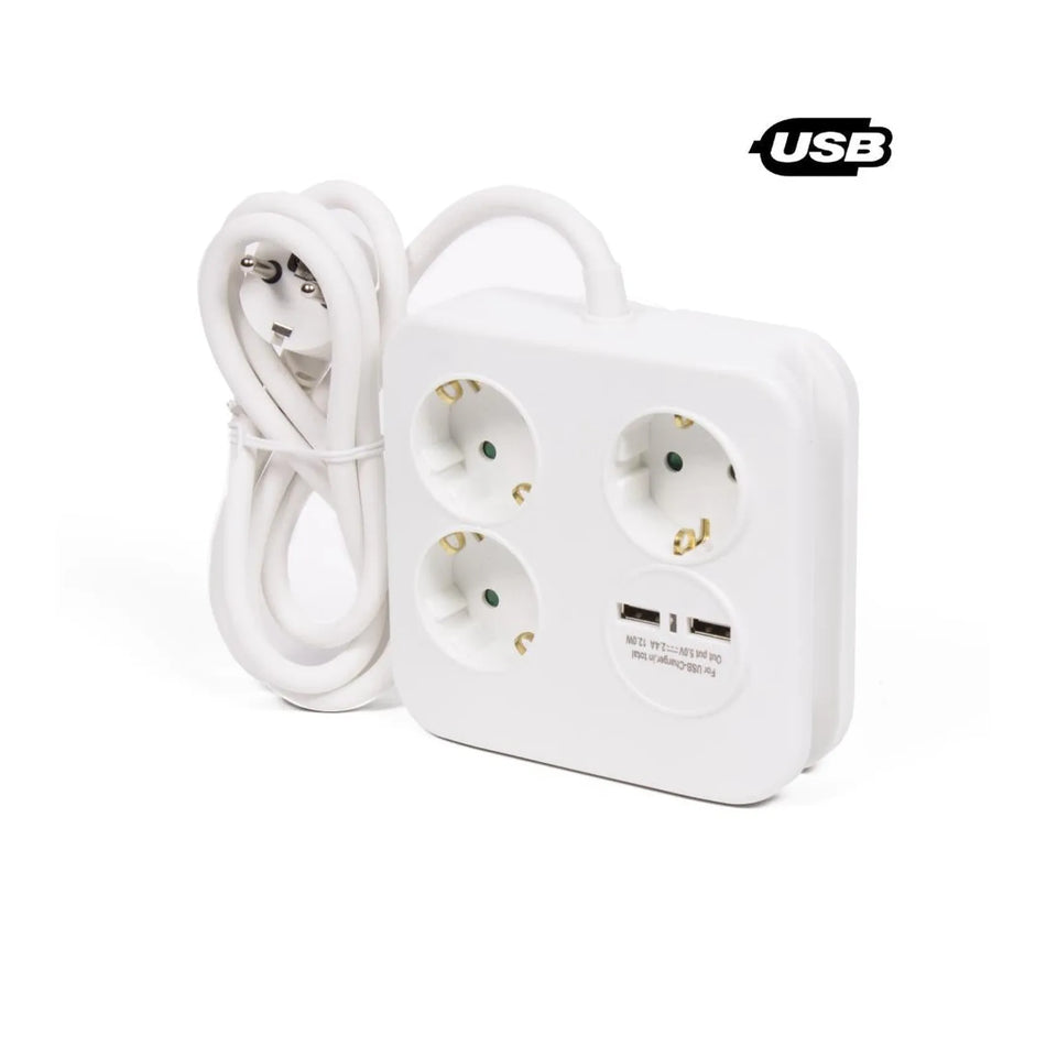 Benson Electric Stekkerdoos 3-voudig + RA + 2 USB 2.4a 1.5 mtr vierkant