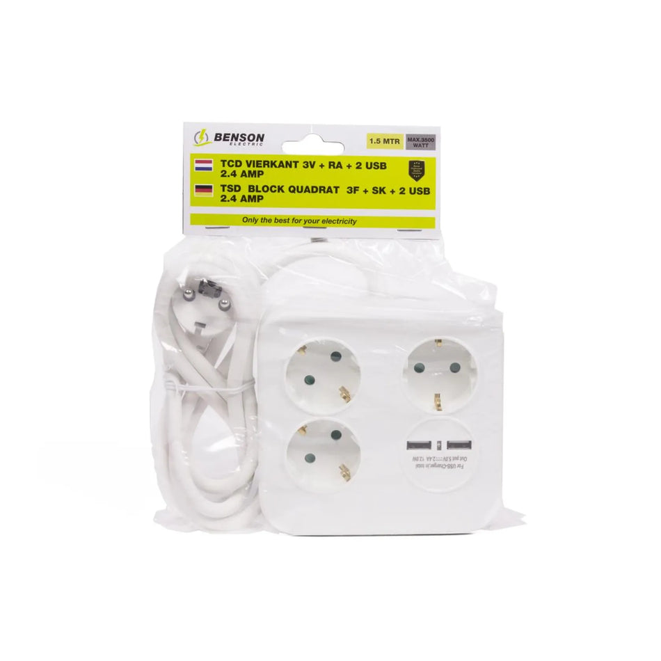 Benson Electric Stekkerdoos 3-voudig + RA + 2 USB 2.4a 1.5 mtr vierkant