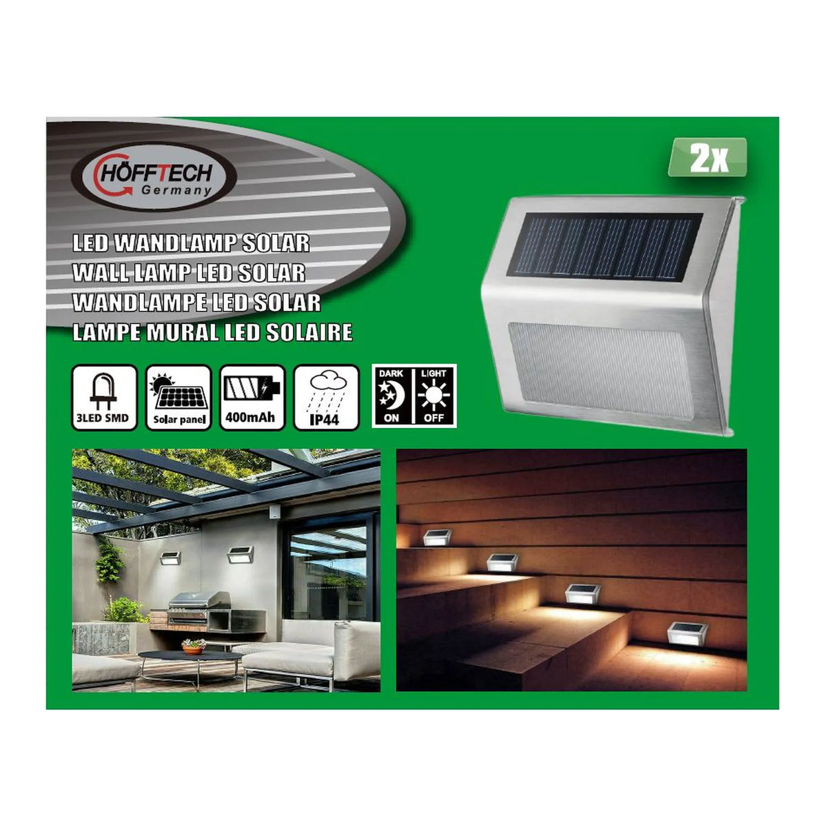 Höfftech LED wandlamp solar RVS 1.2V 400 mAh 2 dlg