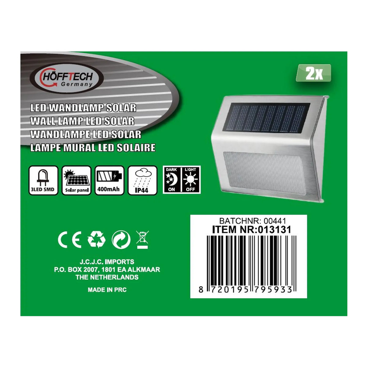 Höfftech LED wandlamp solar RVS 1.2V 400 mAh 2 dlg