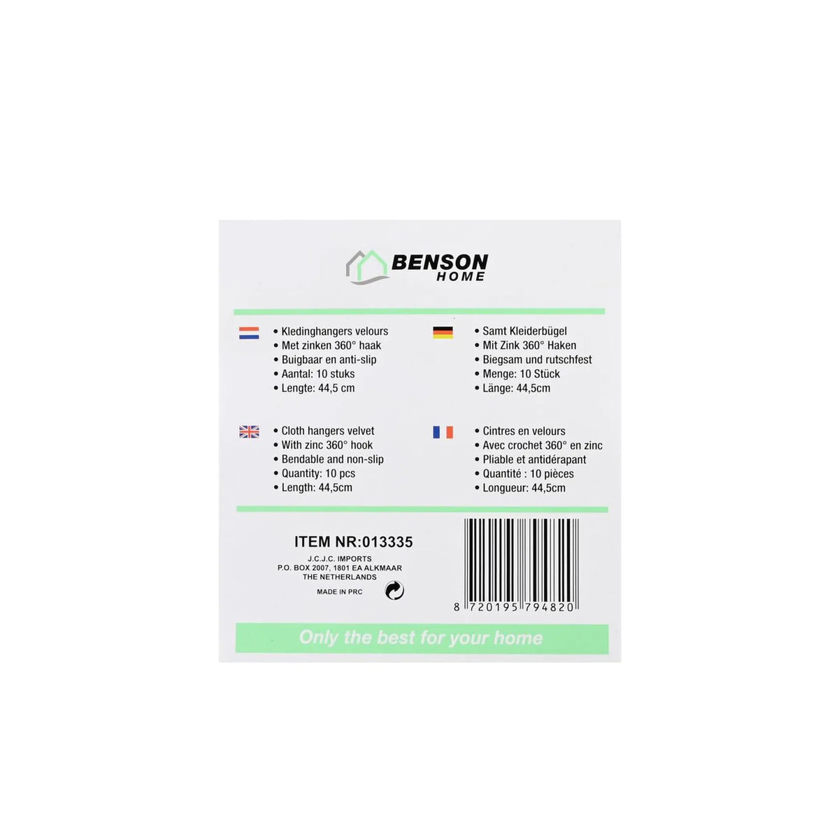 Benson Kledinghangers 10 dlg zwart velours