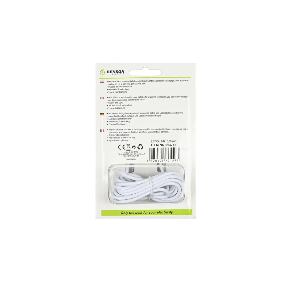 Benson Electric USB lightning kabel 2 mtr