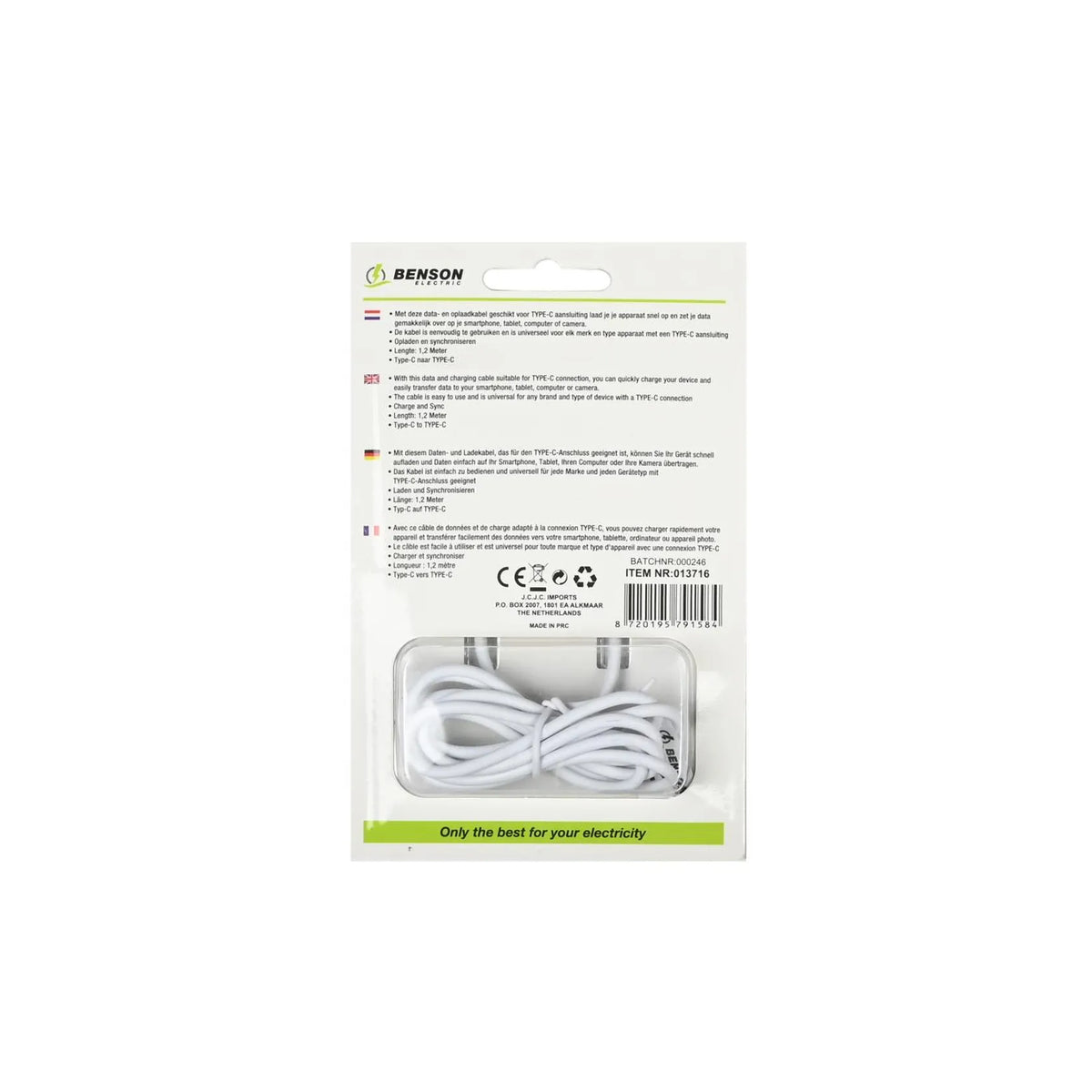 Benson Electric USB type-C naar type-C kabel 1.2 mtr