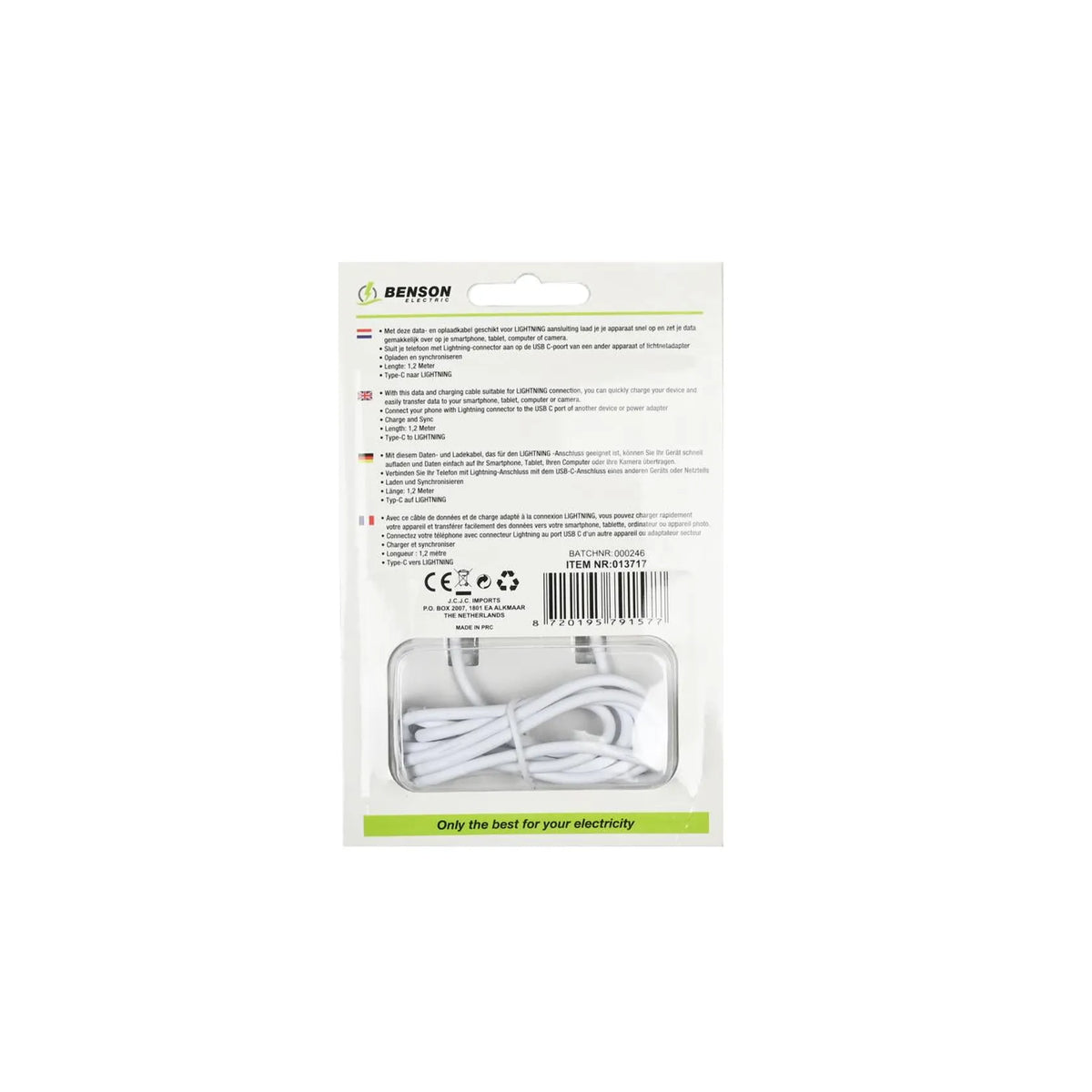 Benson Electric USB type-C naar lightning kabel 1.2 mtr