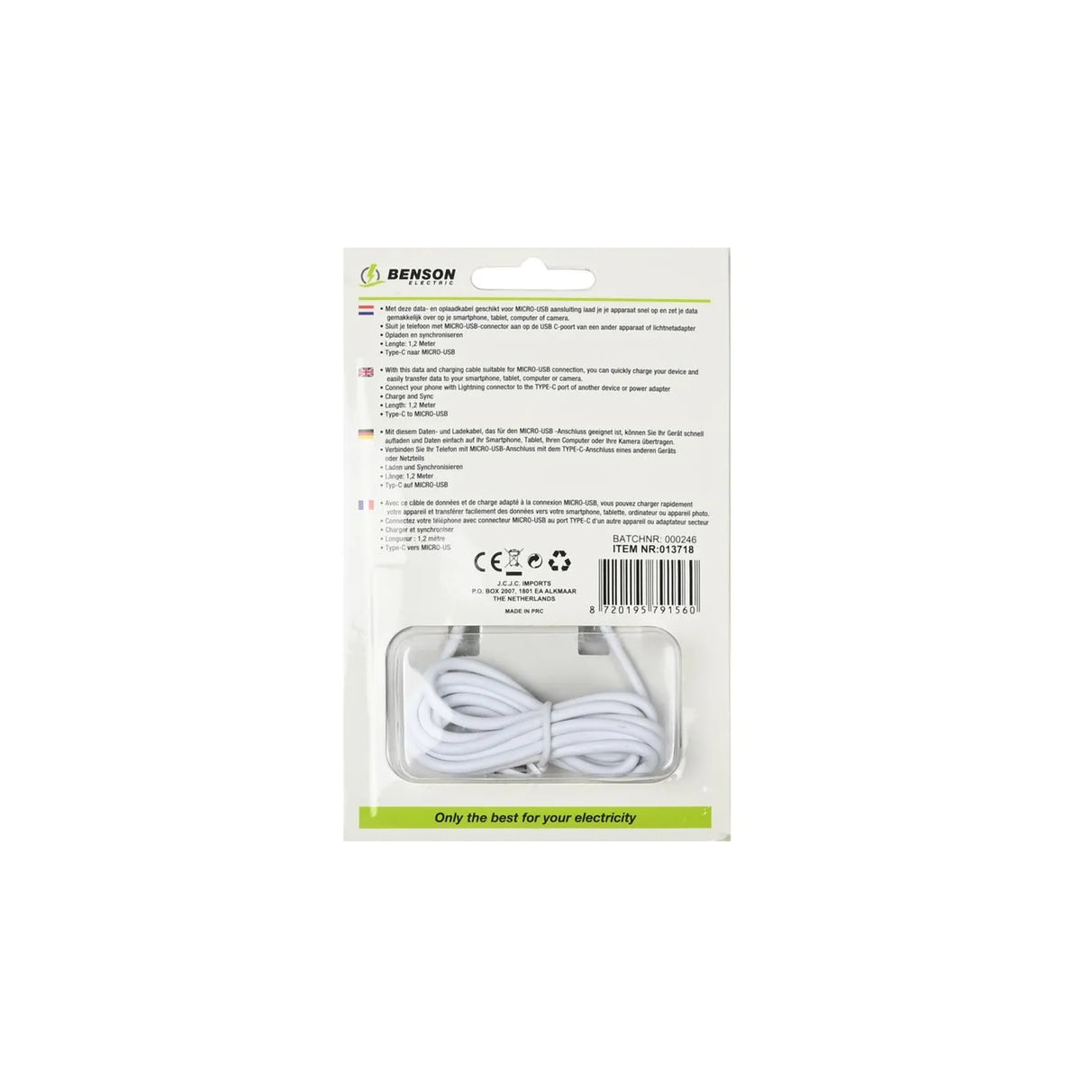 Benson Electric USB type-C naar micro USB kabel 1.2 mtr