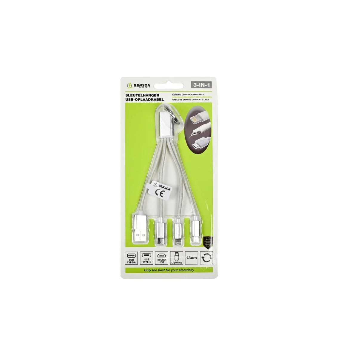 Benson Electric USB kabel 3-in-1 sleutelhanger 13 cm