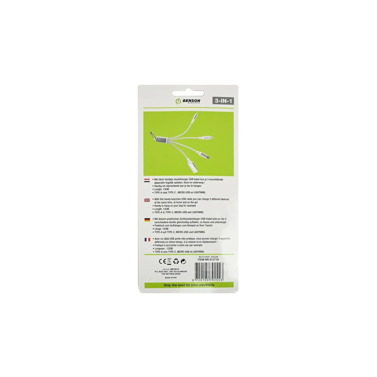 Benson Electric USB kabel 3-in-1 sleutelhanger 13 cm