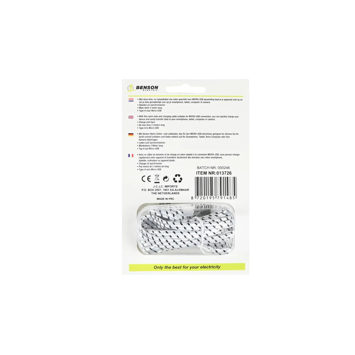 Benson Electric USB micro USB kabel 2 mtr nylon