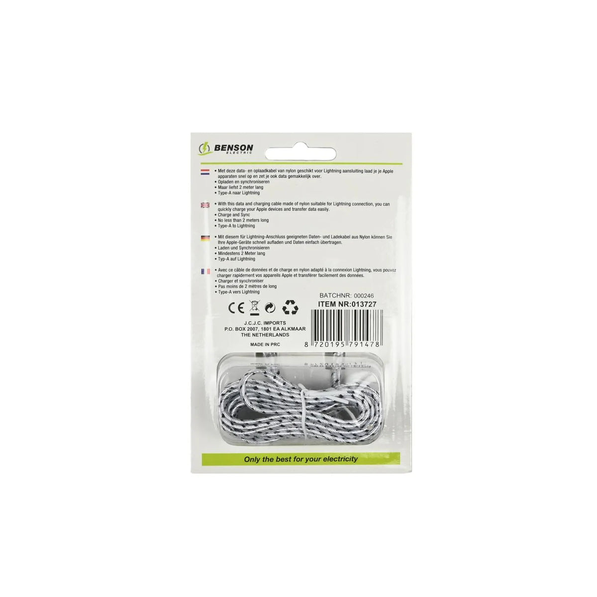 Benson Electric USB lightning kabel 2 mtr nylon