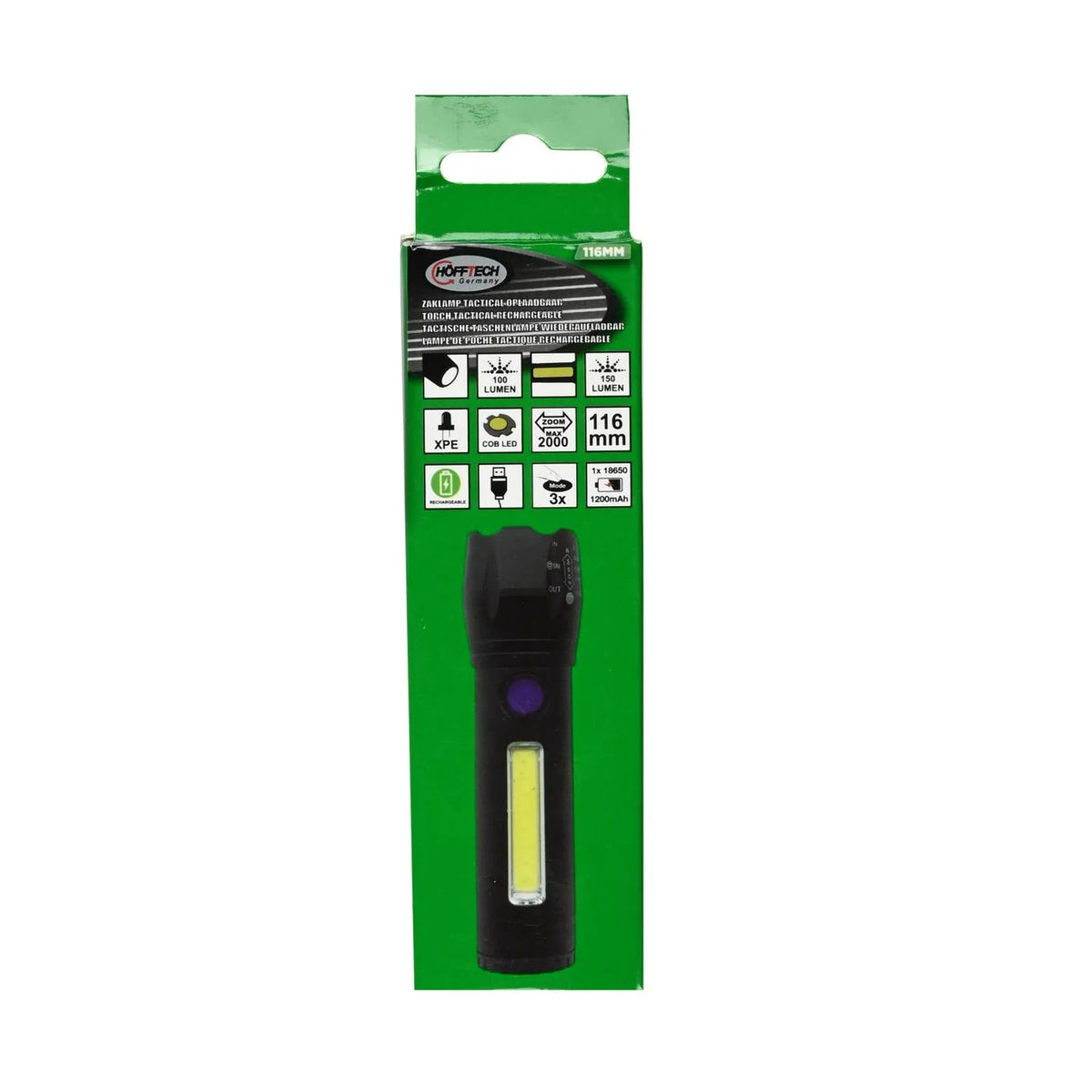 Höfftech Zaklamp tactical LED + COB oplaadbaar 116 mm