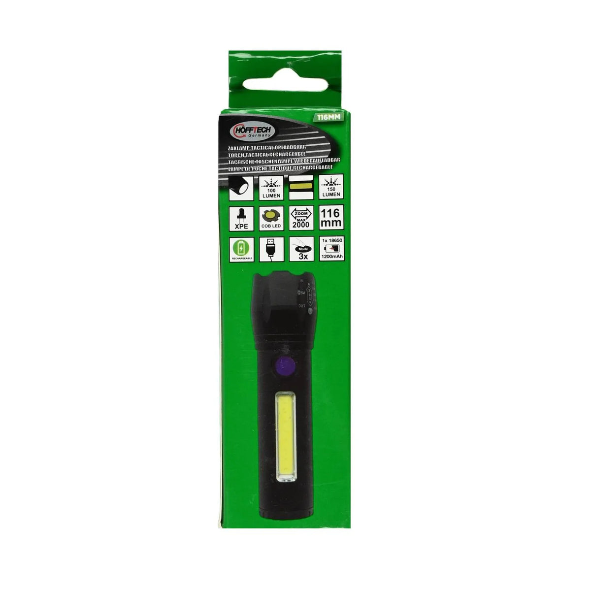 Höfftech Zaklamp tactical LED + COB oplaadbaar 116 mm