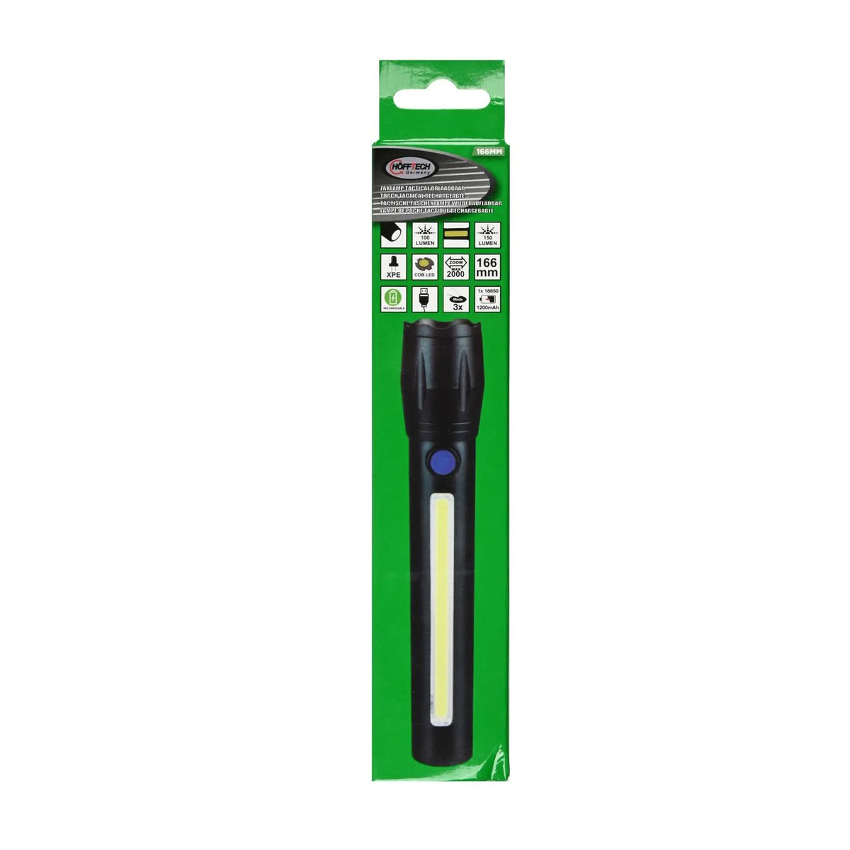 Höfftech Zaklamp tactical LED + COB oplaadbaar 166 mm