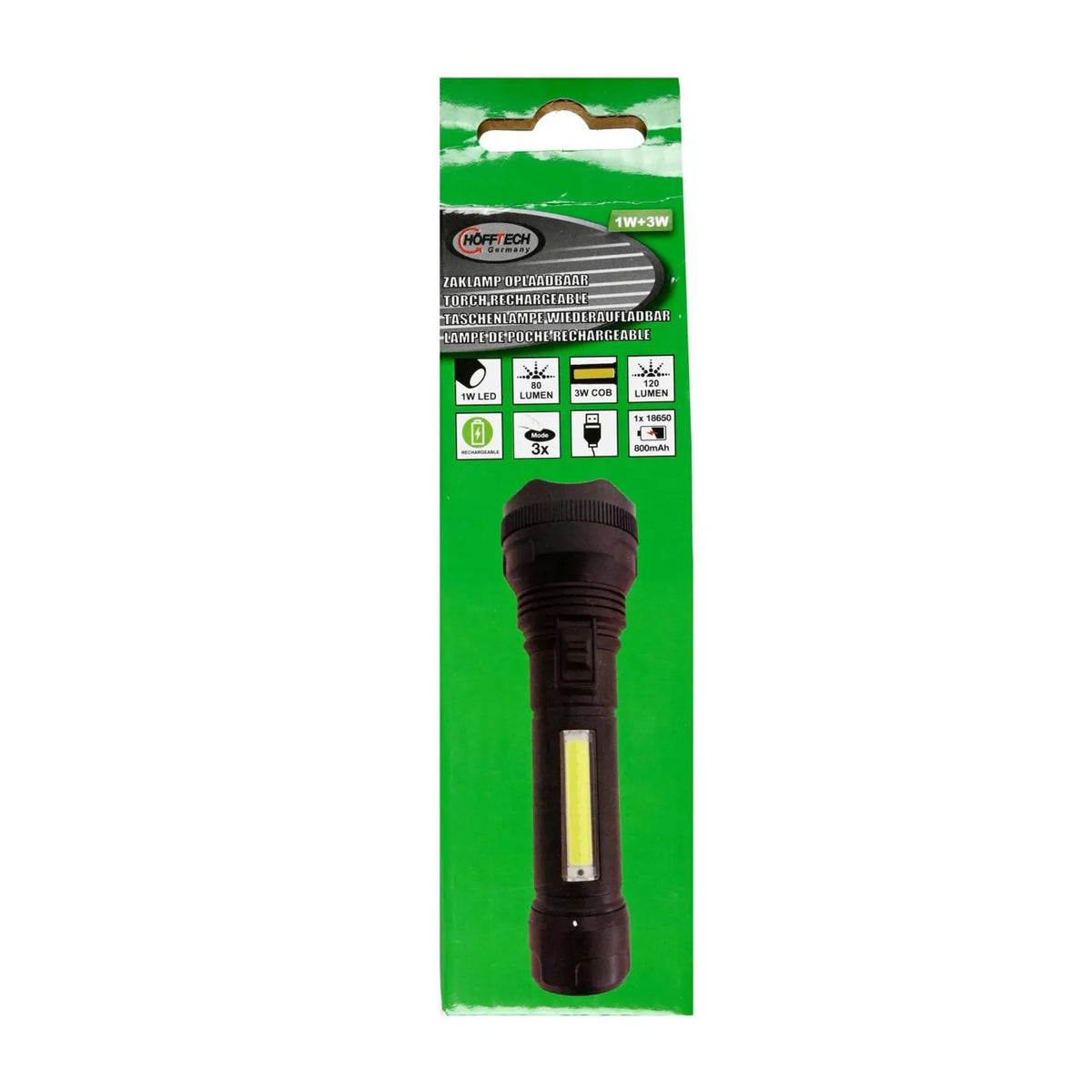 Höfftech Zaklamp 1W LED + 3W COB oplaadbaar zwart