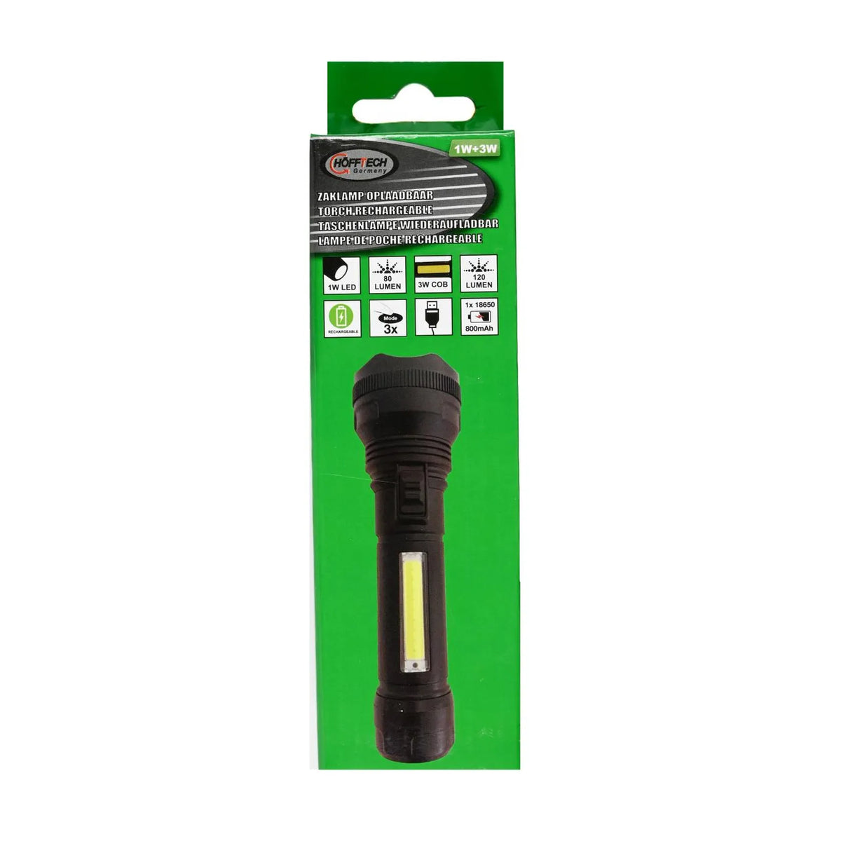 Höfftech Zaklamp 1W LED + 3W COB oplaadbaar zwart