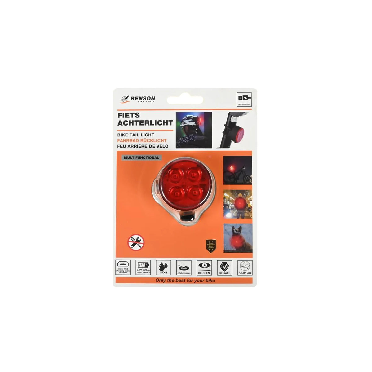 Benson Bike Parts Fietslamp USB oplaadbaar rood inclusief clip