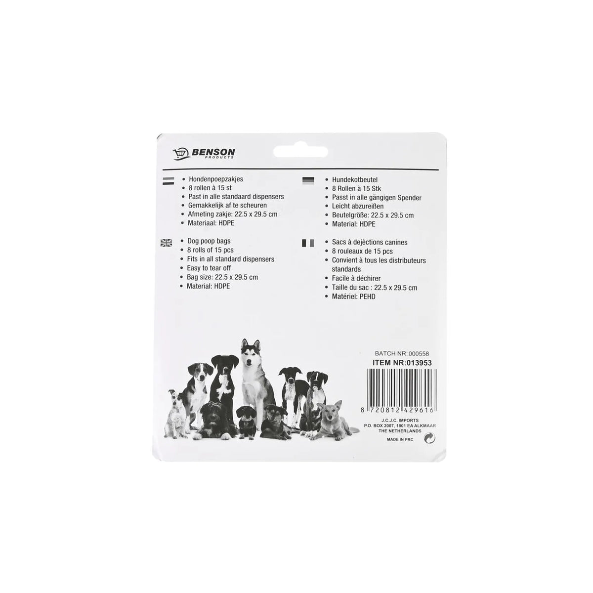 Benson Products Hondenpoepzakjes 8 x 15 dlg kleur