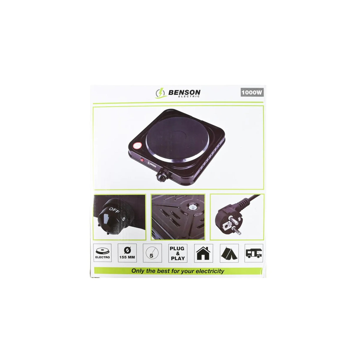 Benson Electric Kookplaat enkel zwart 1000W
