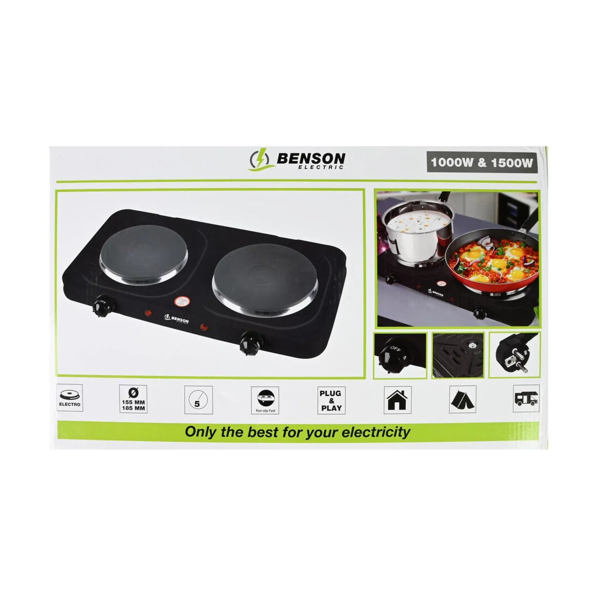 Benson Electric Kookplaat dubbel zwart 1000/1500W