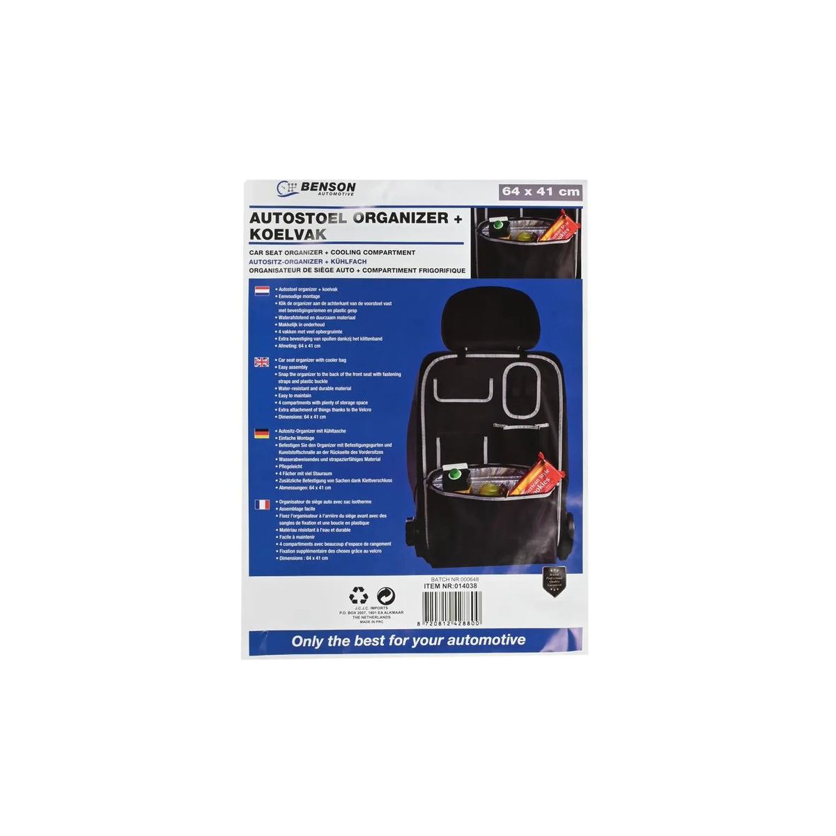 Benson Automotive Autostoel organizer + koelvak 64 x 41 cm