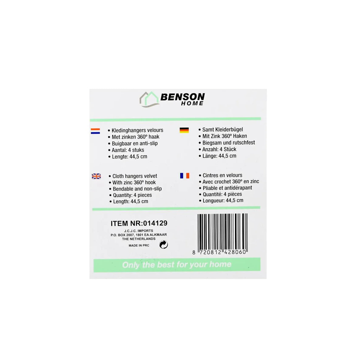 Benson Kledinghangers 4 dlg zwart velours