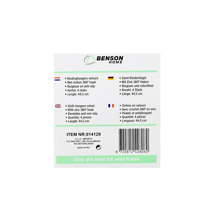 Benson Kledinghangers 4 dlg zwart velours