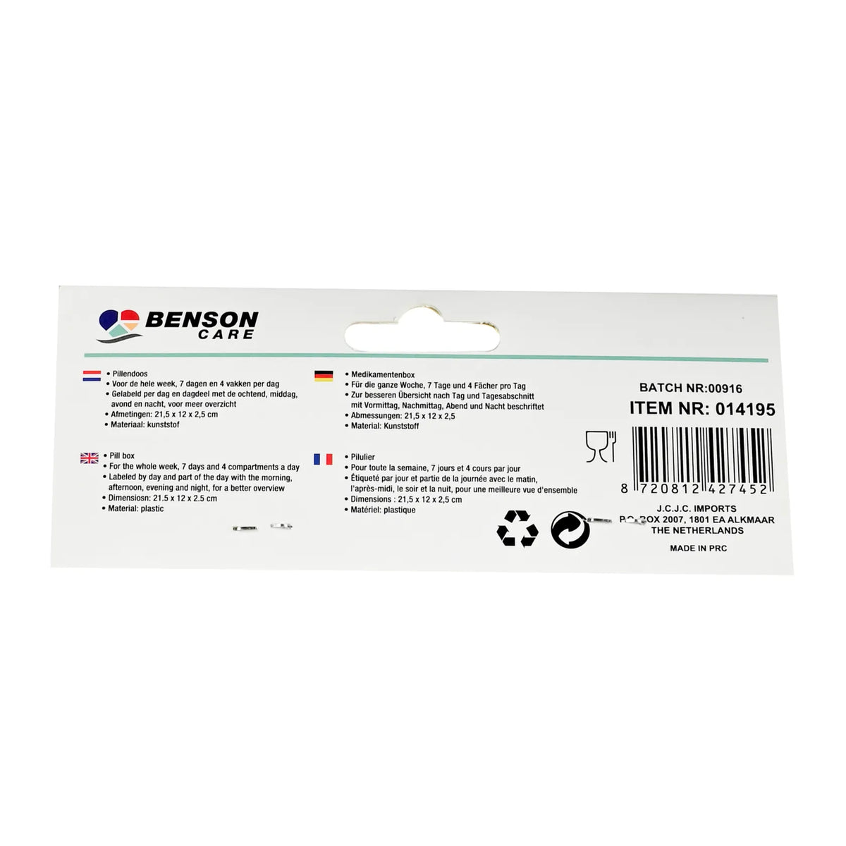 Benson Care Pillendoos 7 dagen 4 vakken